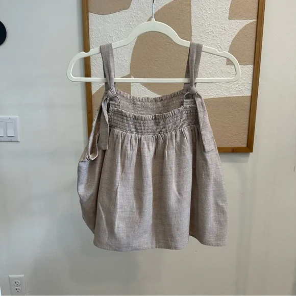 Smocked Linen-Blend Tank Top in Taupe - Picture 2 of 2